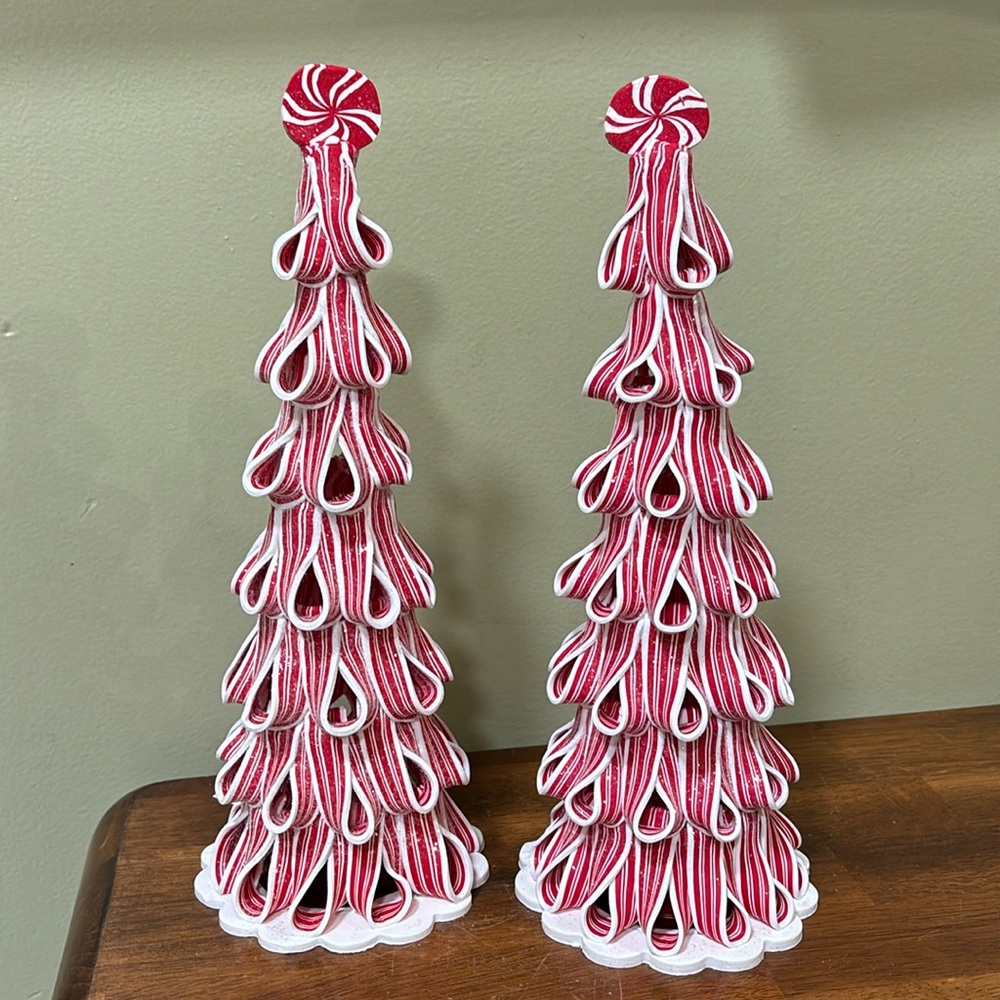 HOLIDAY TIME PEPPERMINT RIBBON TREES SET OF 2 - Picture 5 of 16